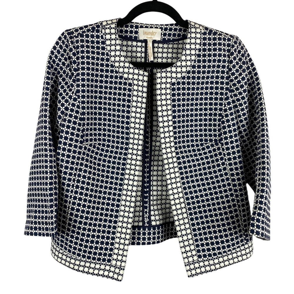 ✨3/$21✨Laundry by Shelli Segal Cropped Jacket Size 6 Blue White Print Open Front